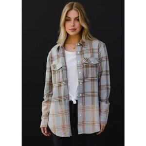 Panache Gray,‎ Brown, Black Plaid Bleach Dipped Button Down Flannel - Small